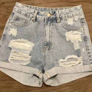 SHEIN Light Blue High-Rise Distressed Denim Shorts